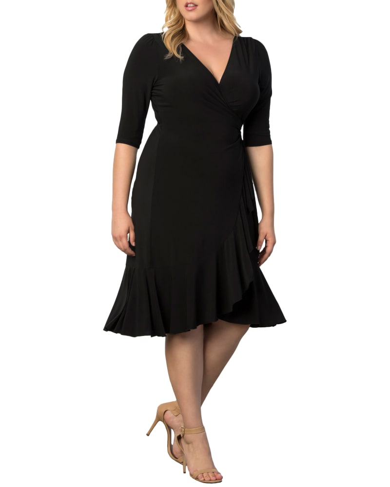 Front of a model wearing a size 0X Whimsy Wrap Dress in BLACK NOIR by Kiyonna. | dia_product_style_image_id:279202